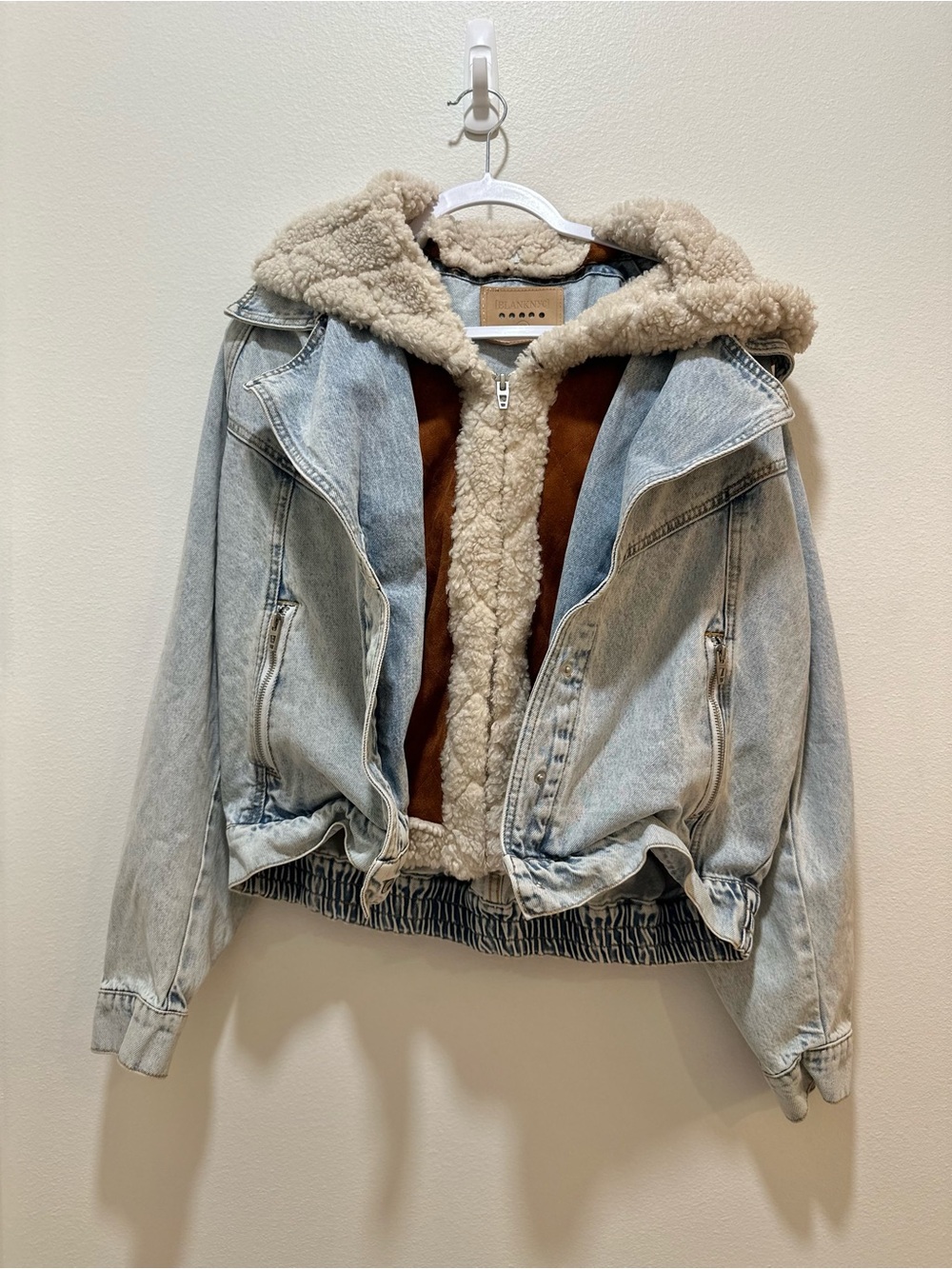 BLANKNYC Light Wash Denim Moto Jacket Removable Sherpa Hood XS